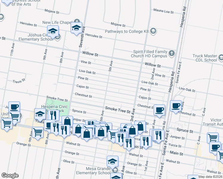 map of restaurants, bars, coffee shops, grocery stores, and more near 16226 Cajon Street in Hesperia