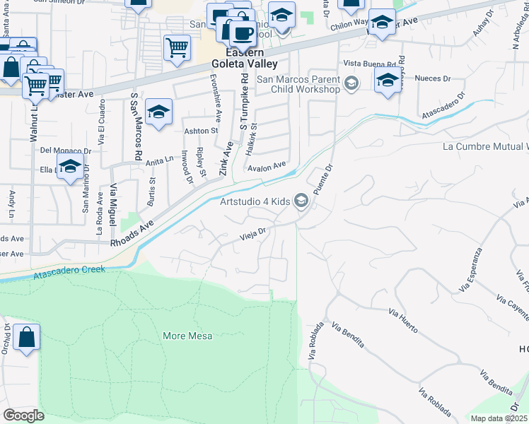 map of restaurants, bars, coffee shops, grocery stores, and more near 4751 Camino Del Rey in Santa Barbara