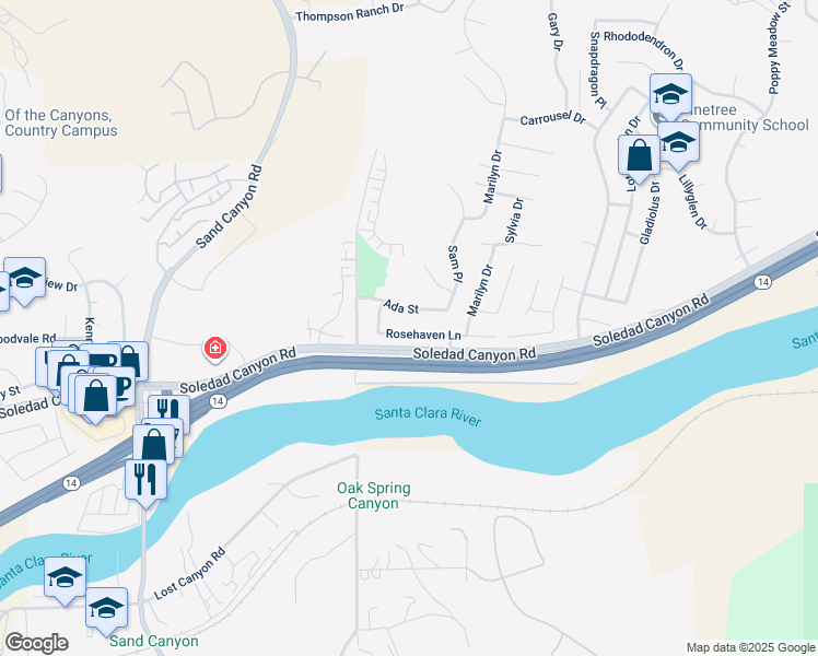 map of restaurants, bars, coffee shops, grocery stores, and more near 15845 Rosehaven Lane in Santa Clarita