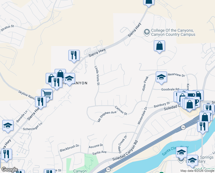 map of restaurants, bars, coffee shops, grocery stores, and more near 17334 Sierra Sunrise Lane in Santa Clarita