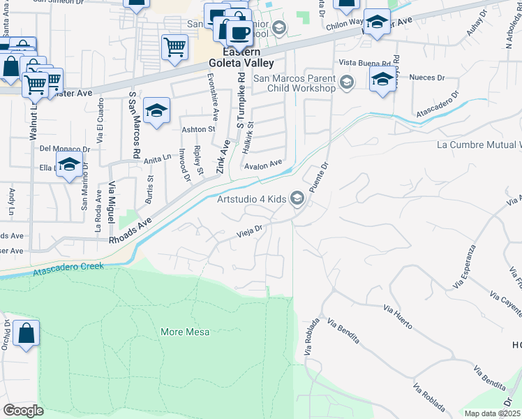 map of restaurants, bars, coffee shops, grocery stores, and more near 4751 Camino Del Rey in Santa Barbara