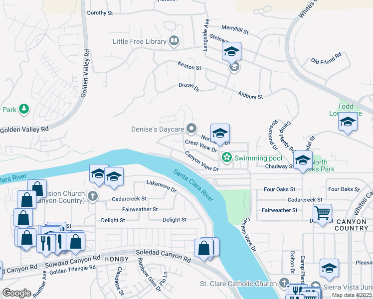 map of restaurants, bars, coffee shops, grocery stores, and more near 20095 Shadow Island Drive in Santa Clarita