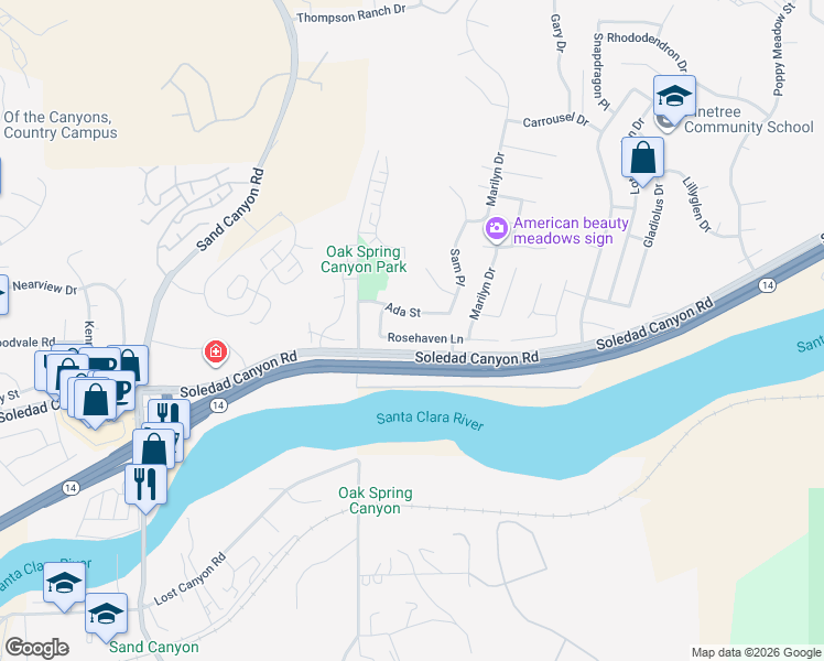 map of restaurants, bars, coffee shops, grocery stores, and more near 15845 Rosehaven Lane in Santa Clarita