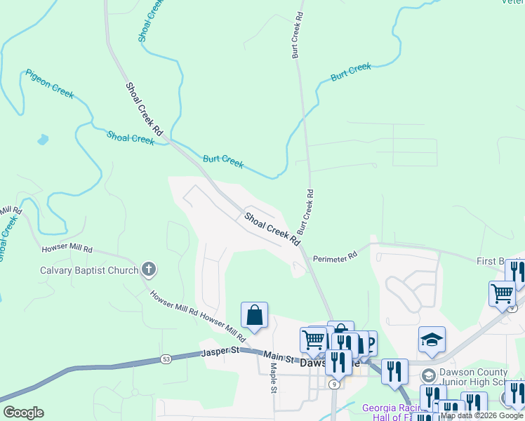 map of restaurants, bars, coffee shops, grocery stores, and more near 75 Shoal Creek Court in Dawsonville