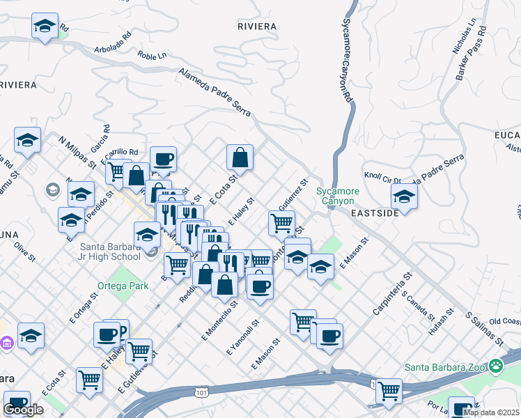 map of restaurants, bars, coffee shops, grocery stores, and more near 1202 East Haley Street in Santa Barbara
