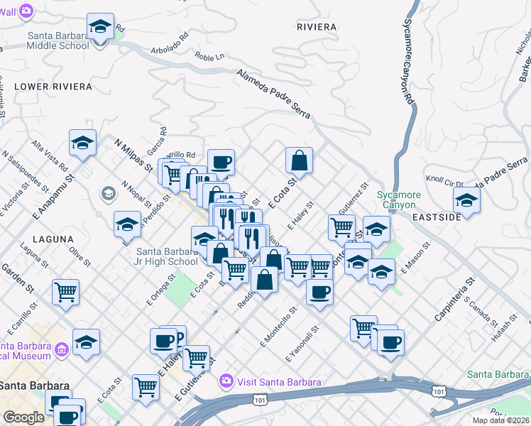 map of restaurants, bars, coffee shops, grocery stores, and more near 1030 Alphonse Street in Santa Barbara