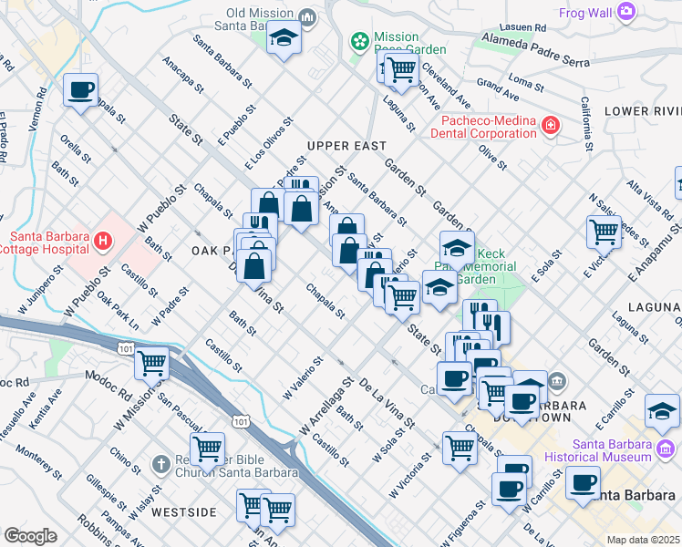 map of restaurants, bars, coffee shops, grocery stores, and more near 11 East Islay Street in Santa Barbara