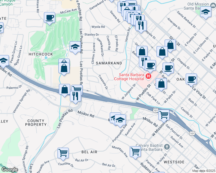 map of restaurants, bars, coffee shops, grocery stores, and more near 2550 Treasure Drive in Santa Barbara
