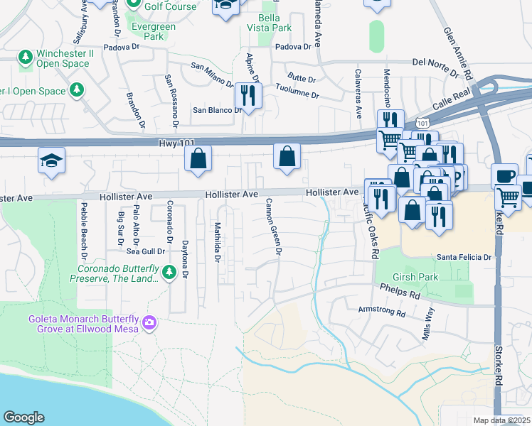 map of restaurants, bars, coffee shops, grocery stores, and more near 7340 Lowell Way in Goleta