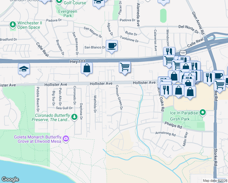 map of restaurants, bars, coffee shops, grocery stores, and more near 7388 Chapman Place in Goleta