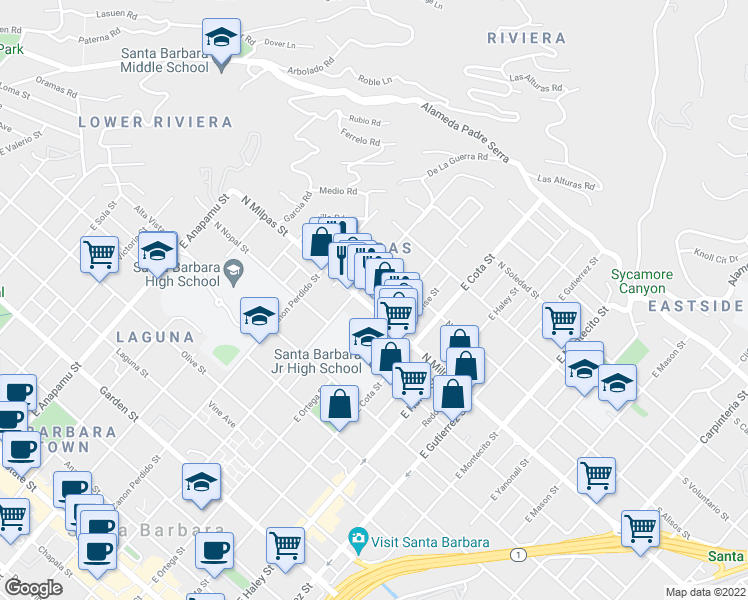 map of restaurants, bars, coffee shops, grocery stores, and more near 720 N Milpas St in Santa Barbara