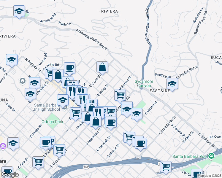 map of restaurants, bars, coffee shops, grocery stores, and more near 1202 East Haley Street in Santa Barbara