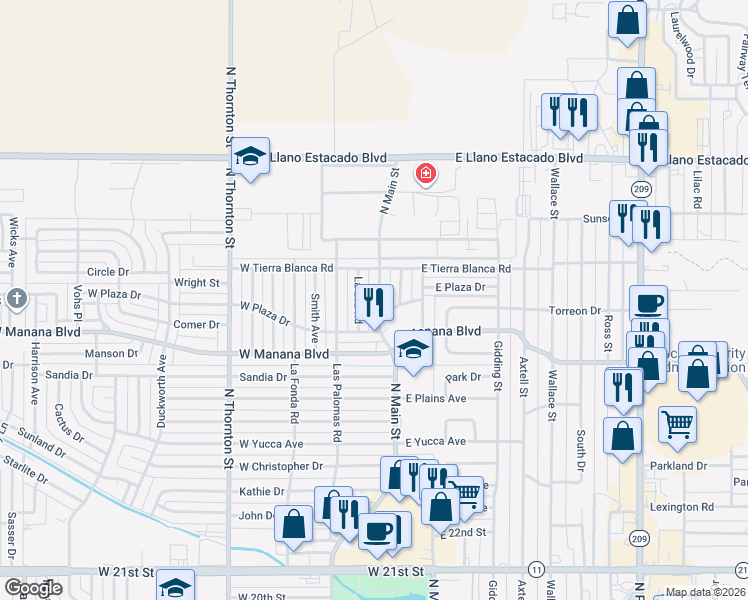map of restaurants, bars, coffee shops, grocery stores, and more near 3100 North Main Street in Clovis