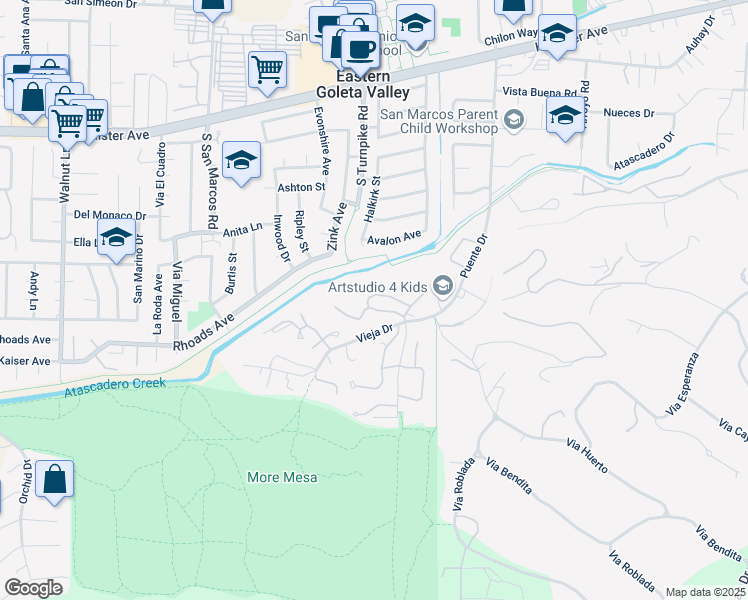 map of restaurants, bars, coffee shops, grocery stores, and more near 4746 Camino Del Rey in Santa Barbara