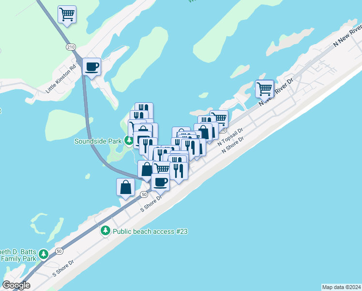 map of restaurants, bars, coffee shops, grocery stores, and more near in Surf City