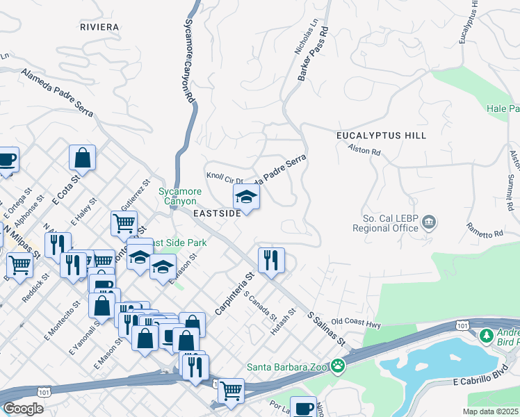 map of restaurants, bars, coffee shops, grocery stores, and more near 123 Alameda Padre Serra in Santa Barbara