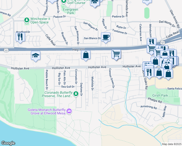 map of restaurants, bars, coffee shops, grocery stores, and more near 243 Mathilda Drive in Goleta