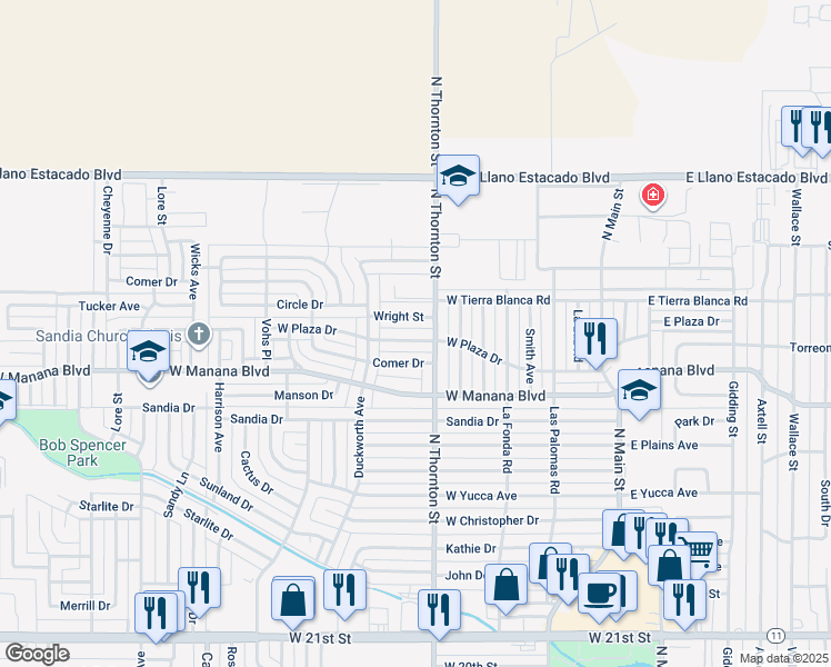 map of restaurants, bars, coffee shops, grocery stores, and more near 810 West Plaza Drive in Clovis