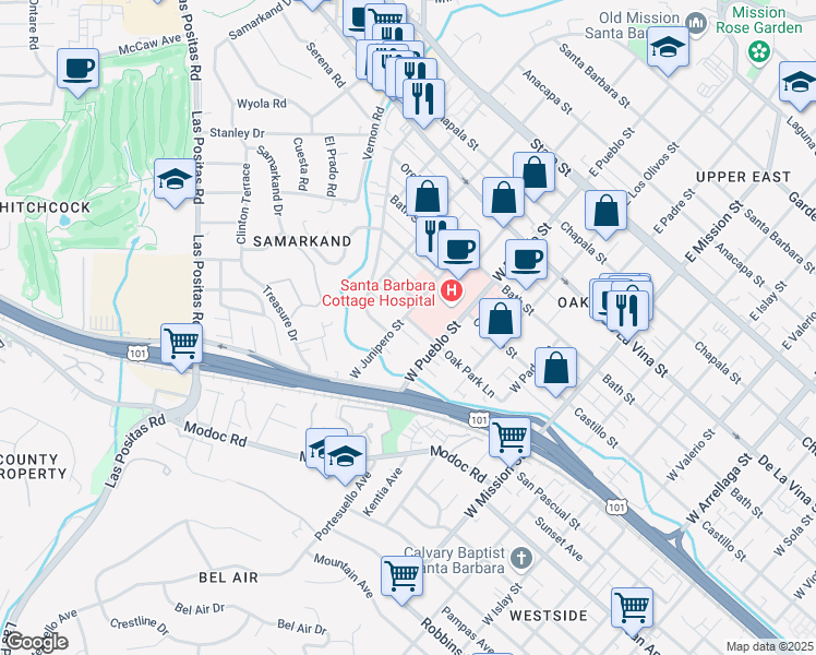 map of restaurants, bars, coffee shops, grocery stores, and more near 512A West Junipero Street in Santa Barbara