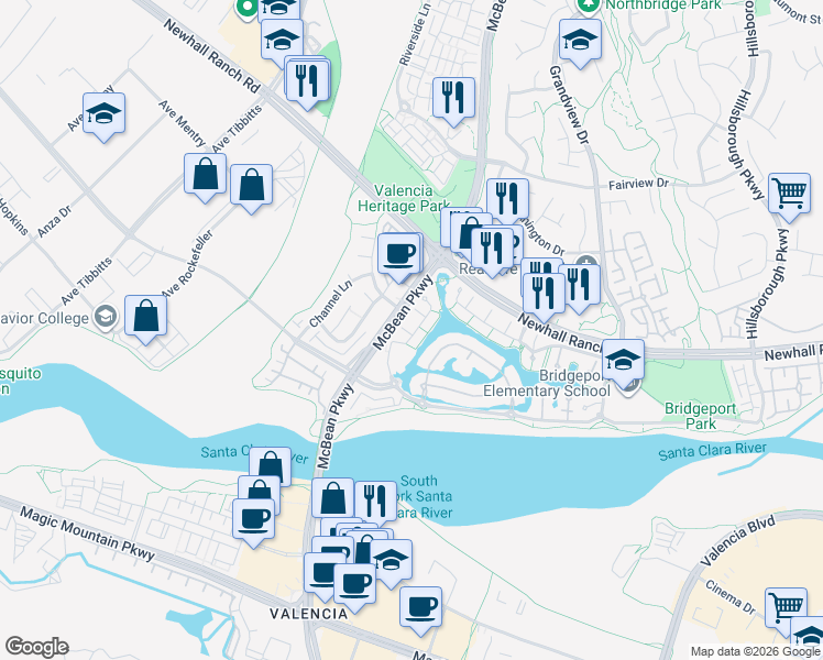 map of restaurants, bars, coffee shops, grocery stores, and more near 27027 Edgewater Lane in Santa Clarita