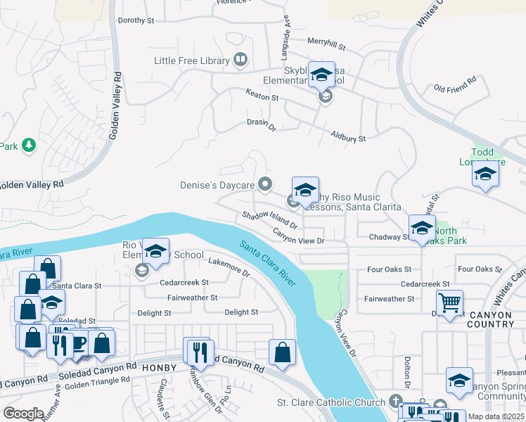 map of restaurants, bars, coffee shops, grocery stores, and more near 20095 Shadow Island Drive in Santa Clarita