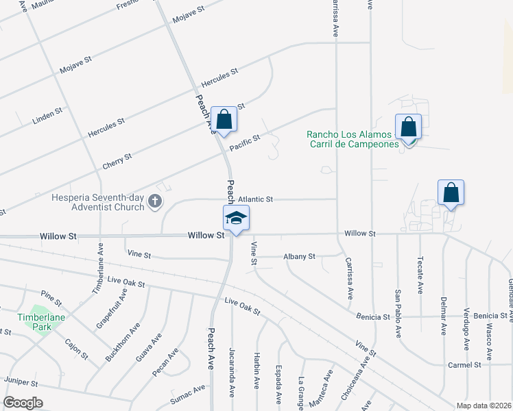 map of restaurants, bars, coffee shops, grocery stores, and more near 18575 Atlantic Street in Hesperia