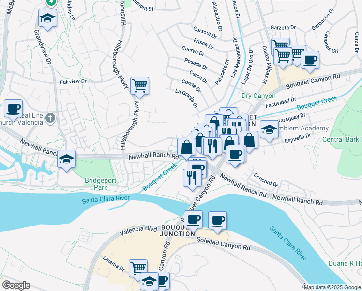 map of restaurants, bars, coffee shops, grocery stores, and more near 23154 Napa Drive in Santa Clarita