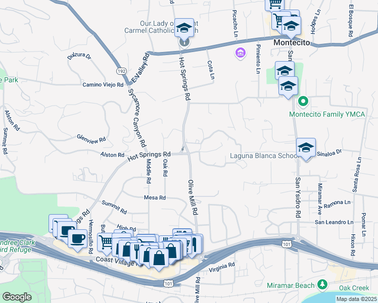 map of restaurants, bars, coffee shops, grocery stores, and more near 319 Hot Springs Road in Montecito
