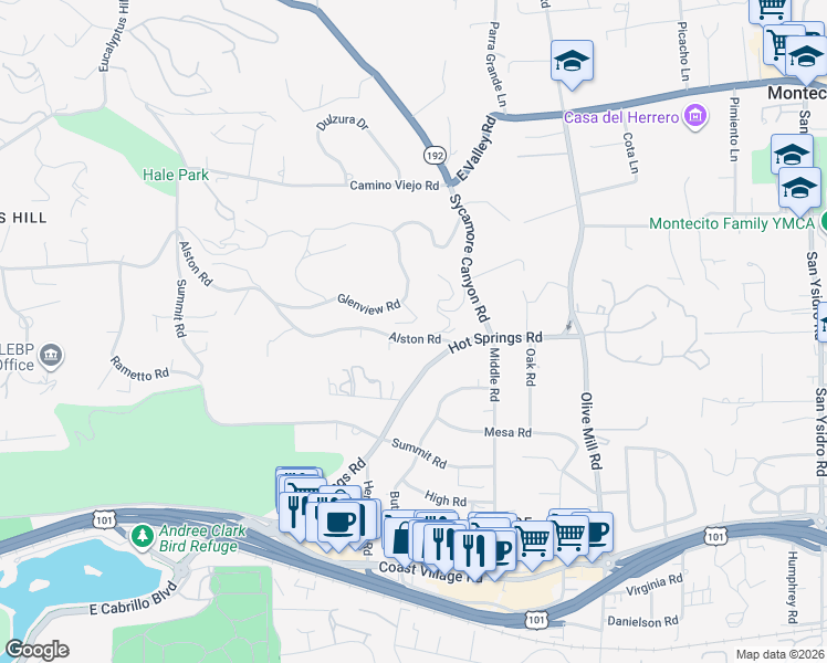 map of restaurants, bars, coffee shops, grocery stores, and more near 1149 Glenview Road in Montecito