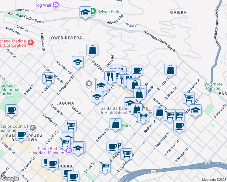 map of restaurants, bars, coffee shops, grocery stores, and more near 815 East Canon Perdido Street in Santa Barbara