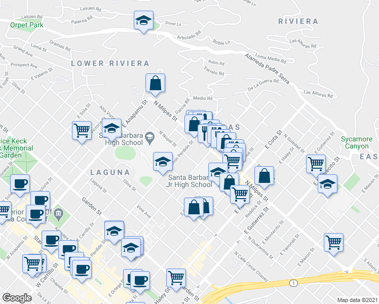 map of restaurants, bars, coffee shops, grocery stores, and more near 815 East Canon Perdido Street in Santa Barbara