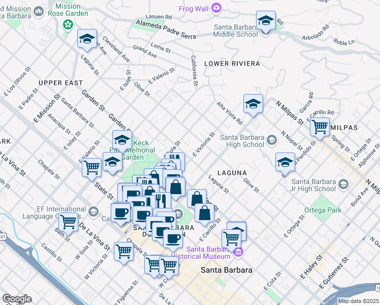 map of restaurants, bars, coffee shops, grocery stores, and more near 1323 Olive Street in Santa Barbara