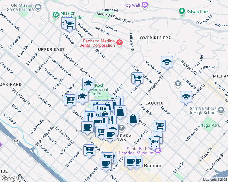 map of restaurants, bars, coffee shops, grocery stores, and more near 331 East Sola Street in Santa Barbara