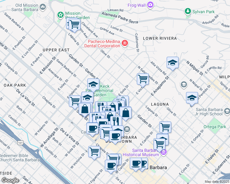 map of restaurants, bars, coffee shops, grocery stores, and more near 1430 Garden Street in Santa Barbara
