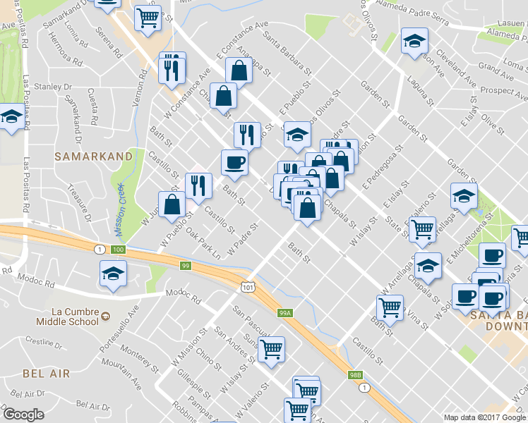 map of restaurants, bars, coffee shops, grocery stores, and more near 225 Jesmary Lane in Santa Barbara