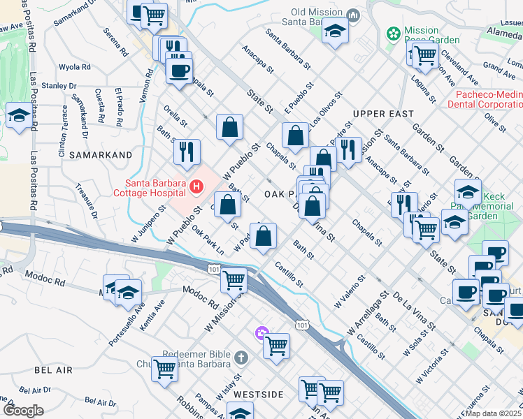 map of restaurants, bars, coffee shops, grocery stores, and more near 225 Jesmary Lane in Santa Barbara