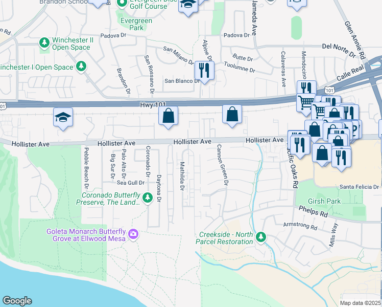 map of restaurants, bars, coffee shops, grocery stores, and more near 224 Ellwood Beach Drive in Goleta