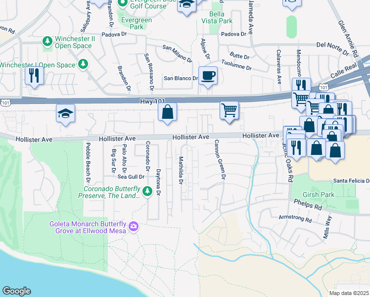 map of restaurants, bars, coffee shops, grocery stores, and more near 224 Ellwood Beach Drive in Goleta
