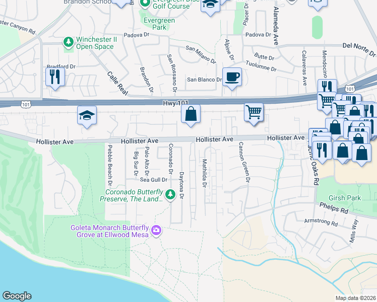 map of restaurants, bars, coffee shops, grocery stores, and more near 7465 Hollister Avenue in Goleta