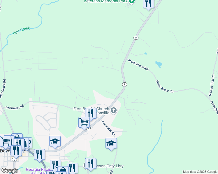 map of restaurants, bars, coffee shops, grocery stores, and more near 1143 Highway 9 North in Dawsonville