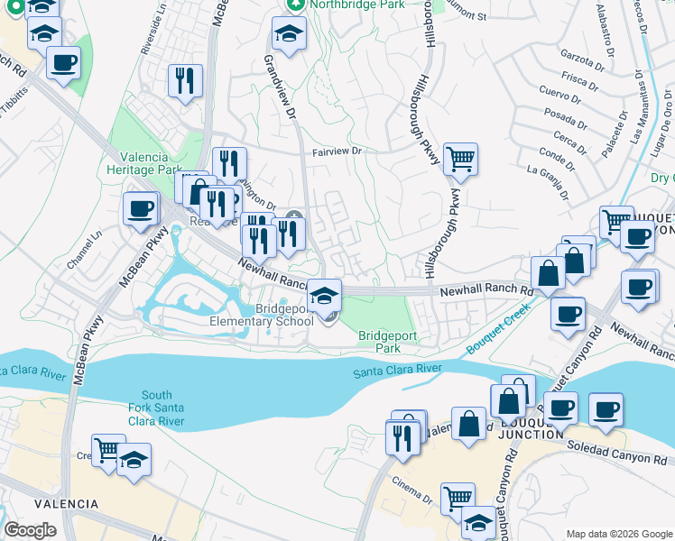 map of restaurants, bars, coffee shops, grocery stores, and more near 27016 North Wolf Creek Trail in Santa Clarita