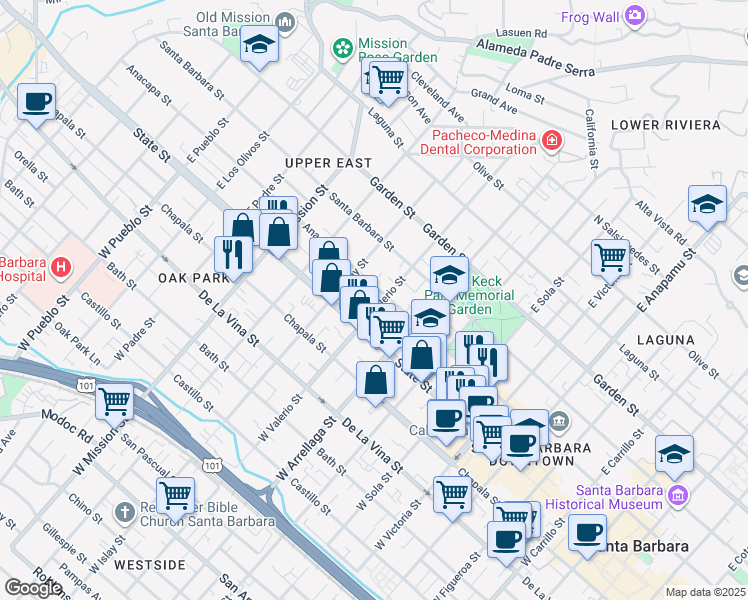 map of restaurants, bars, coffee shops, grocery stores, and more near 1701 Anacapa Street in Santa Barbara