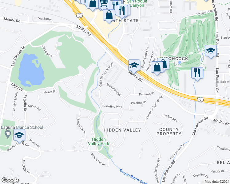 map of restaurants, bars, coffee shops, grocery stores, and more near 3739 Mariana Way in Santa Barbara