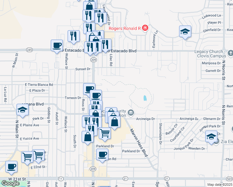 map of restaurants, bars, coffee shops, grocery stores, and more near 2-70 Connie Lane in Clovis