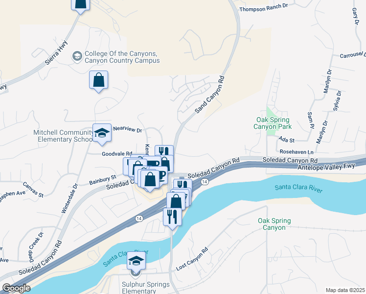 map of restaurants, bars, coffee shops, grocery stores, and more near 28504 Sand Canyon Road in Santa Clarita