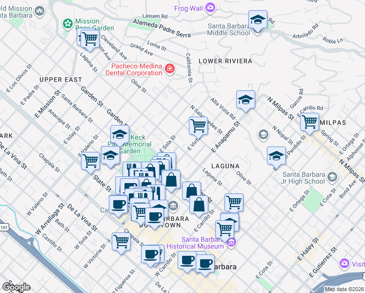 map of restaurants, bars, coffee shops, grocery stores, and more near 1310 Laguna Street in Santa Barbara