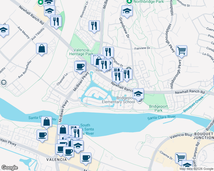 map of restaurants, bars, coffee shops, grocery stores, and more near 23907 Windward Lane in Santa Clarita
