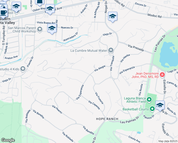 map of restaurants, bars, coffee shops, grocery stores, and more near 4490 Via Alegre in Santa Barbara