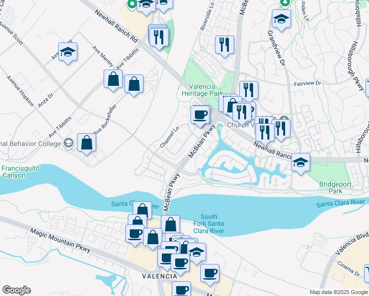 map of restaurants, bars, coffee shops, grocery stores, and more near 27060 Victoria Lane in Santa Clarita