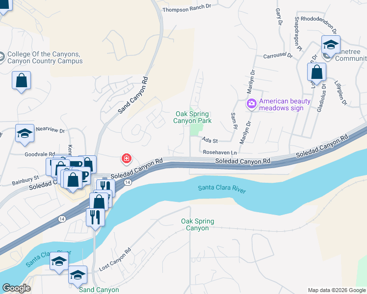 map of restaurants, bars, coffee shops, grocery stores, and more near 28932 Prairie Lane in Santa Clarita